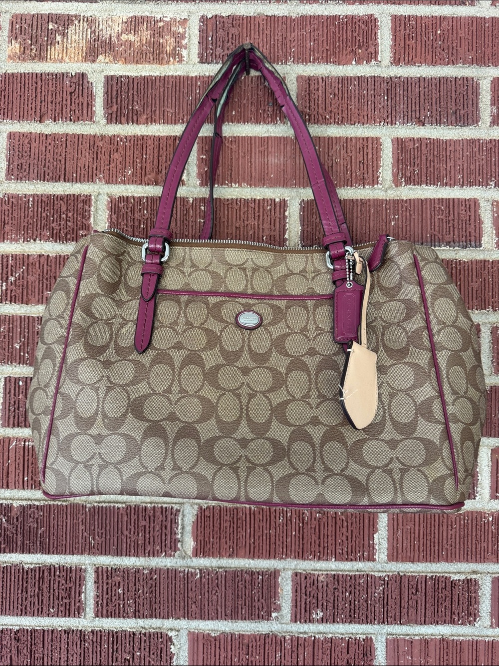 Coach Brown Signature Canvas Tote with Pink Trim